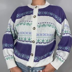 VINTAGE GRANDMA LILAIC PATTERN CHUNKY KNIT SWEATER